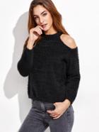 Romwe Black Open Shoulder Fuzzy Sweater