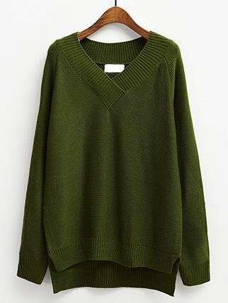 Romwe V Neck Raglan Sleeve Dip Hem Green Jumper
