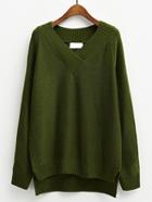 Romwe V Neck Raglan Sleeve Dip Hem Green Jumper