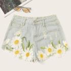 Romwe Floral Embroidered Stitch Detail Denim Shorts