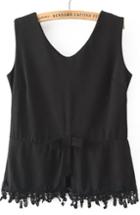 Romwe V Neck Lace Hem Black Tank Top