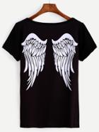 Romwe Black Wings Print Back T-shirt