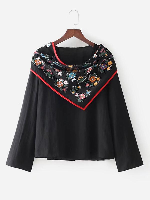 Romwe Floral Scarf Embellished Neck Blouse