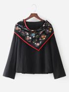 Romwe Floral Scarf Embellished Neck Blouse