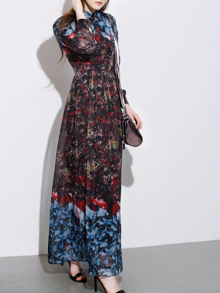 Romwe Multicolor Lapel Long Sleeve Print Maxi Dress