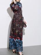Romwe Multicolor Lapel Long Sleeve Print Maxi Dress