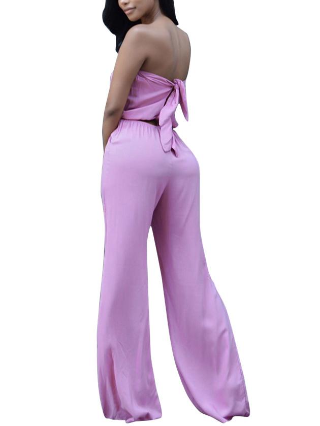 Romwe Pale Purple Strapless Cut Out Back Jumpsuit