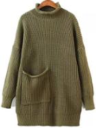 Romwe High Neck Loose Green Sweater With Pocket