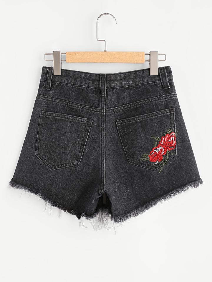 Romwe Embroidered Back Fray Hem Denim Shorts