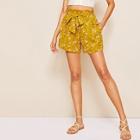 Romwe Ditsy Floral Print Belted Paperbag Shorts