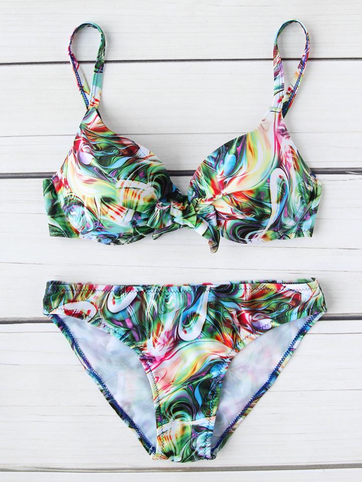 Romwe Mixed Print Front Bow Tie Bikini Set