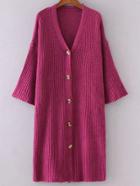 Romwe Red V Neck Drop Shoulder Single Breasted Long Sweater Coat