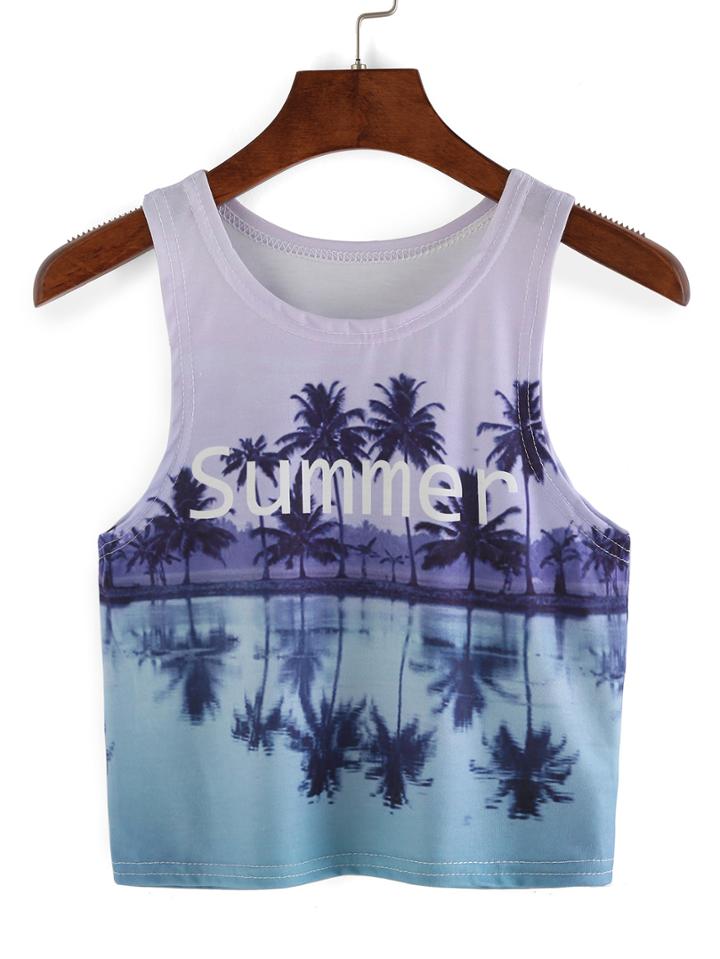 Romwe Beach Print Crop Tank Top