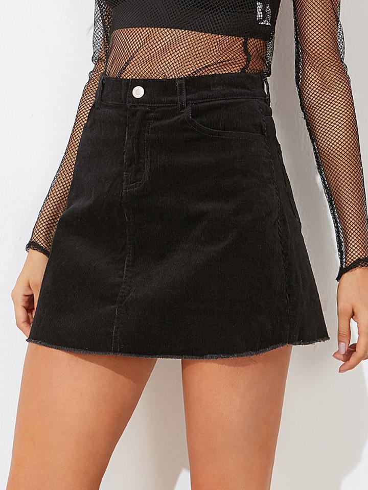 Romwe Fray Hem A Line Corduroy Skirt