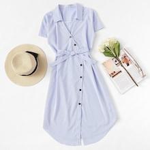 Romwe Self Tie Waist Striped Shirt Dress