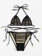 Romwe Lattice Detail Side Tie Bikini Set