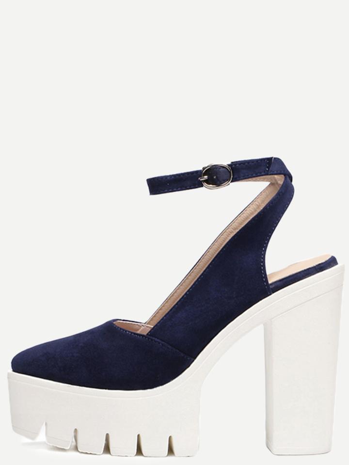 Romwe Navy Almond Toe Buckle Platform Chunky Pumps