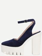 Romwe Navy Almond Toe Buckle Platform Chunky Pumps