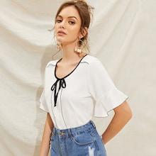 Romwe Binding Trim Knot Front Blouse