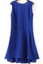 Romwe Back Deep V Pleated Blue Dress