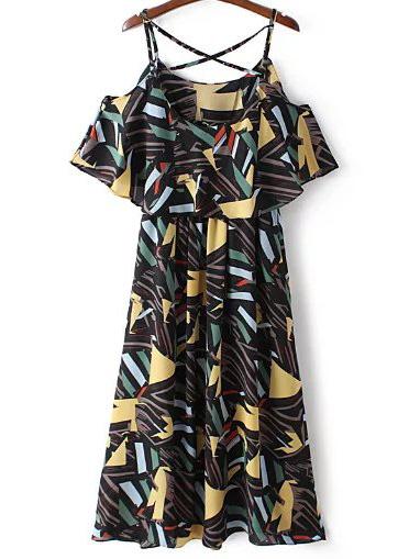 Romwe Multicolor Print Split Side Spaghetti Strap Maxi Dress