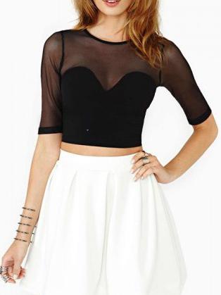 Romwe Elbow Sleeve Sheer Mesh Crop Top