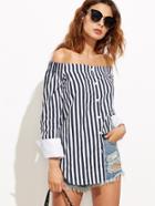 Romwe Navy And White Vertical Striped Off The Shoulder Blouse
