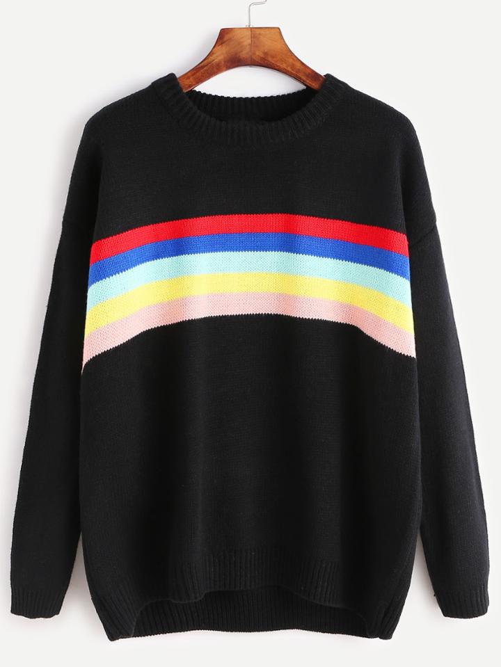 Romwe Black Dropped Shoulder Seam Rainbow Striped Sweater