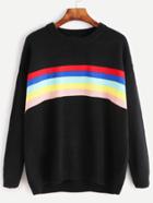 Romwe Black Dropped Shoulder Seam Rainbow Striped Sweater