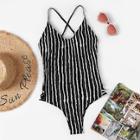 Romwe Random Striped Criss Cross Ladder Cut-out One Piece Swimwear