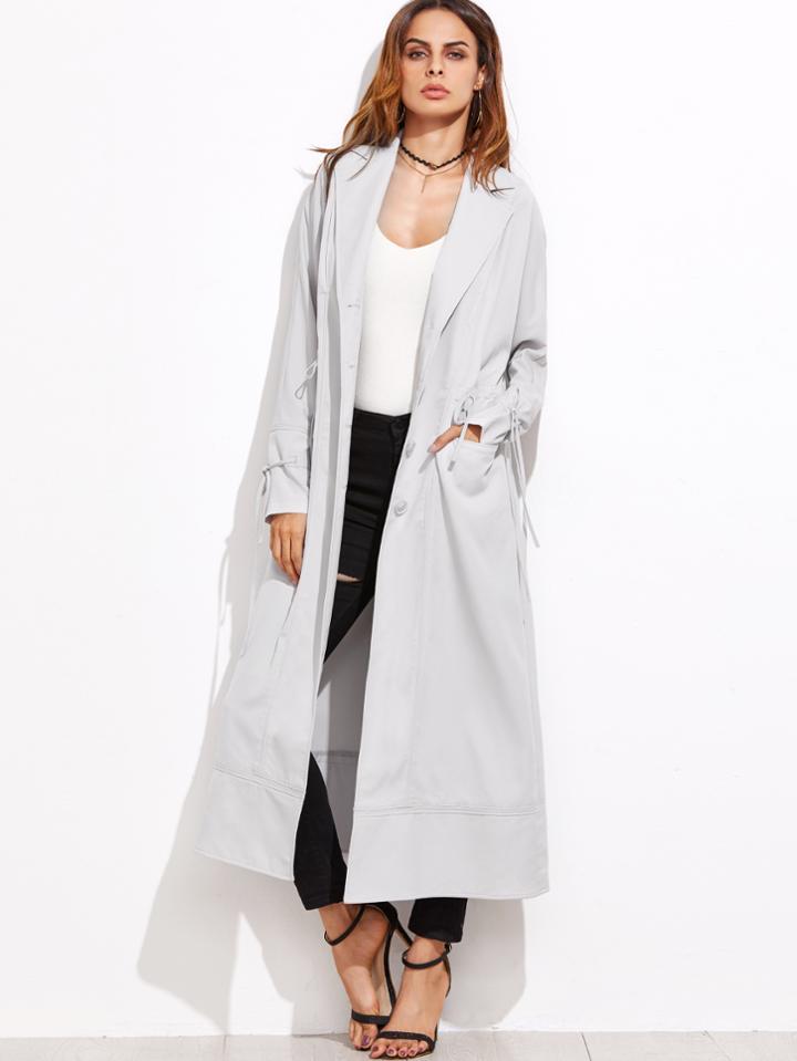 Romwe Grey Drawstring Waist And Cuff Long Coat