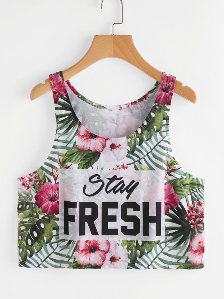 Romwe Foliage Print Crop Tank Top