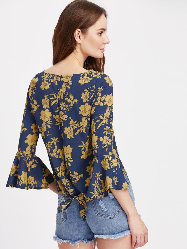 Romwe Calico Print Bell Sleeve Knot Back Dip Hem Blouse