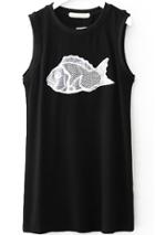 Romwe Fish Embroidered Black Dress