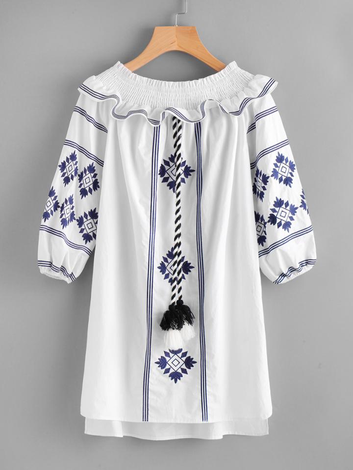 Romwe Smocked Off Shoulder Tassel Tie Embroidered Dress