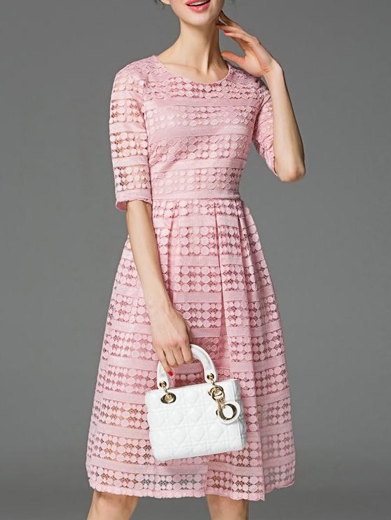 Romwe Pink Crew Neck A-line Lace Dress