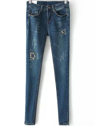 Romwe Scratch Patch Slit Denim Pant