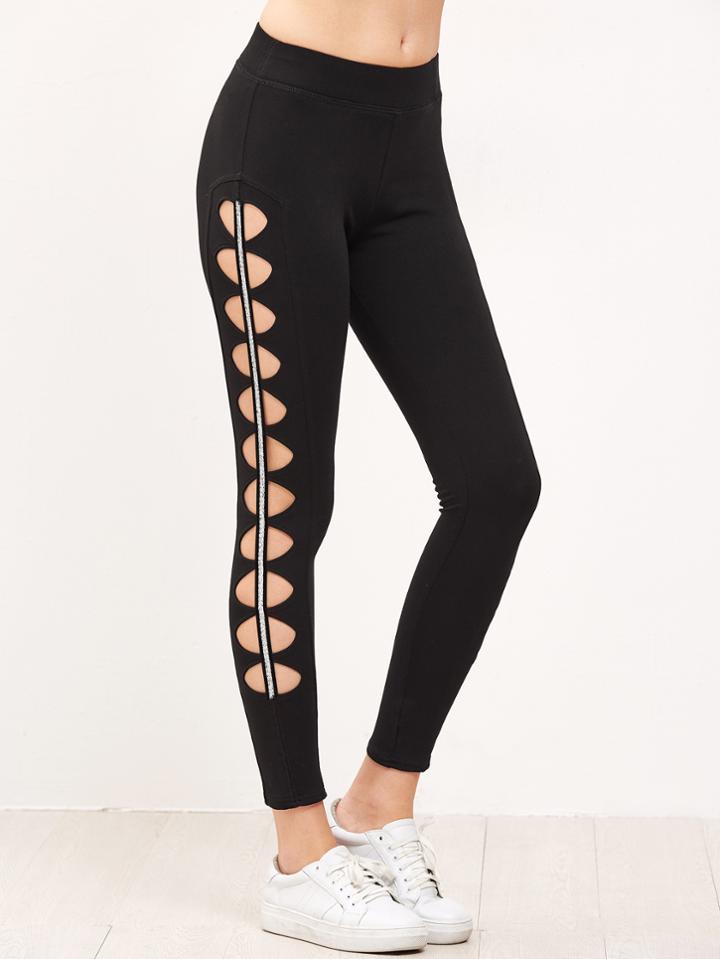 Romwe Black Cutout Striped Side Leggings