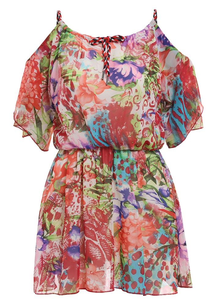 Romwe Open Shoulder Florals Chiffon Dress