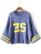 Romwe Blue Varsity Drop Shoulder Ribbed Trim Sweater