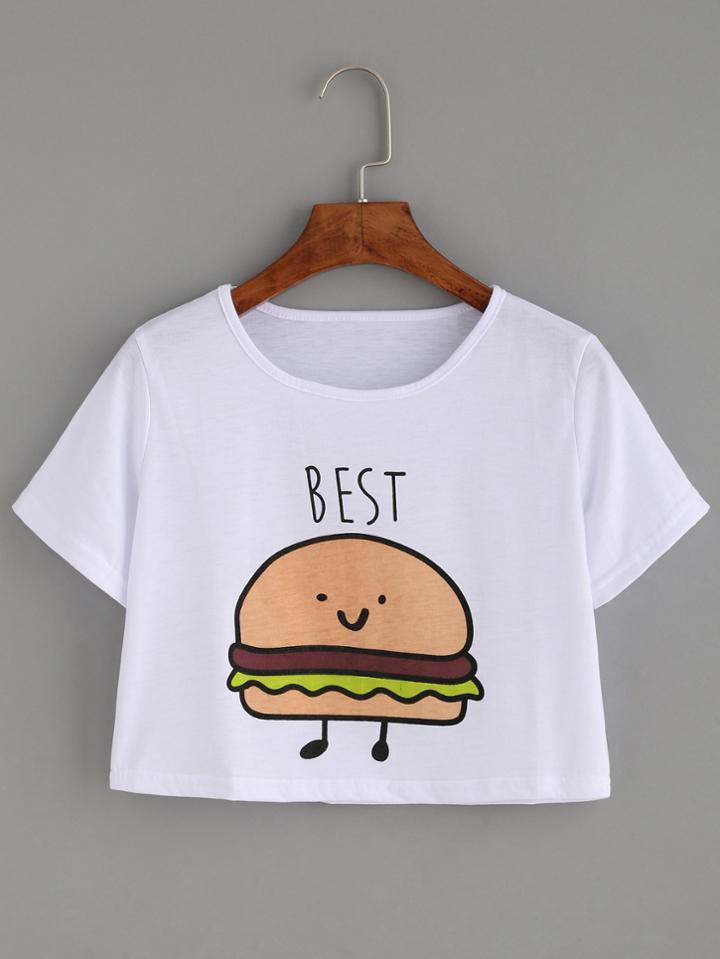 Romwe White Hamburger Print Crop T-shirt
