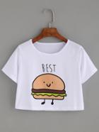 Romwe White Hamburger Print Crop T-shirt