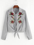 Romwe Black Striped Flower Embroidered Tie Hem Shirt