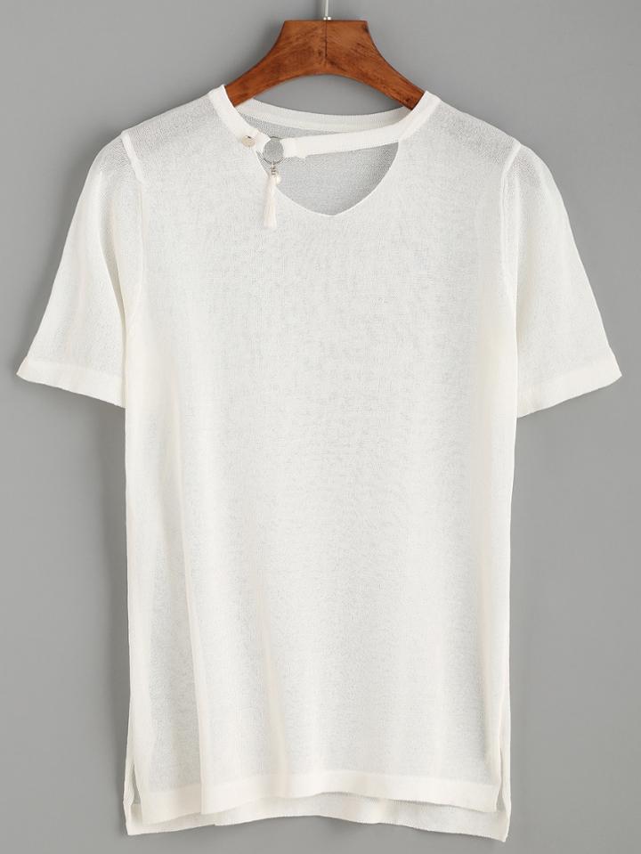 Romwe White Ring Accent Cutout Neck Knit Top