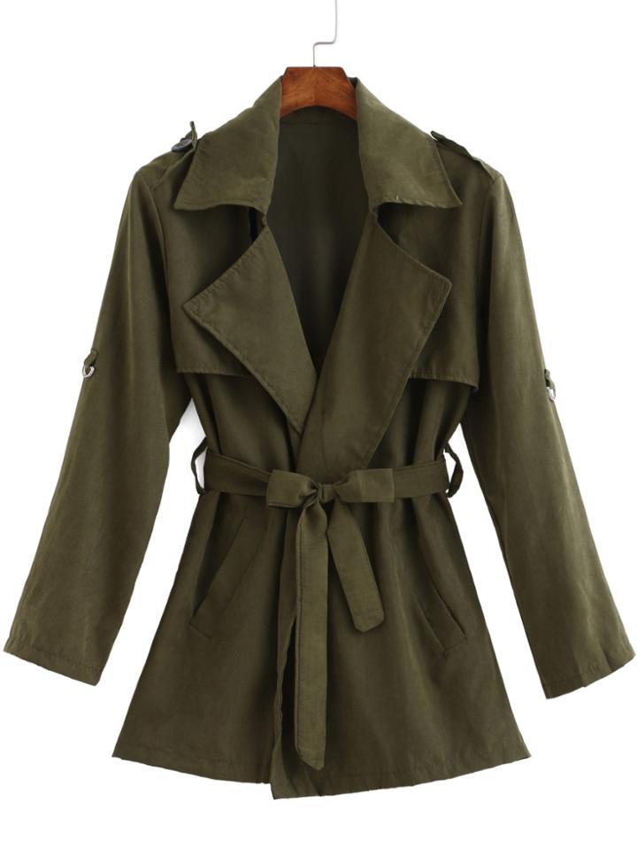 Romwe Lapel With Belt Green Coat