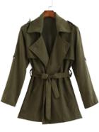 Romwe Lapel With Belt Green Coat