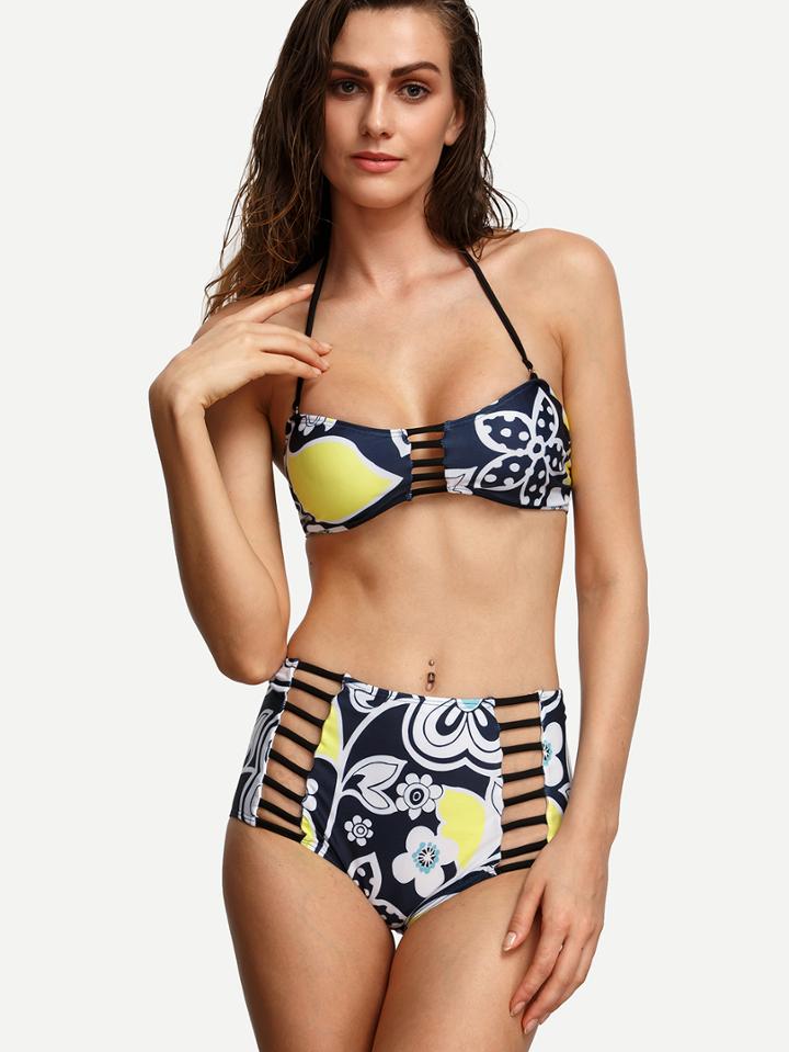 Romwe Multicolor Flower Print Ladder Cut Bikini Set