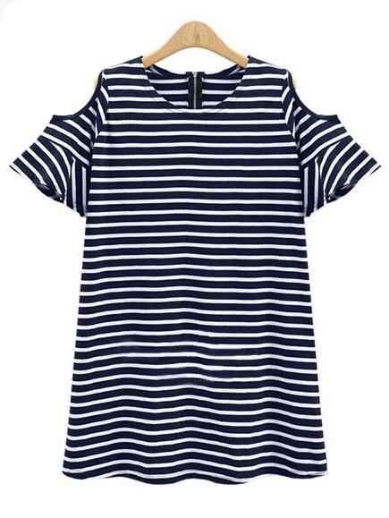 Romwe Navy Striped Cold Shoulder Ruffle Dress