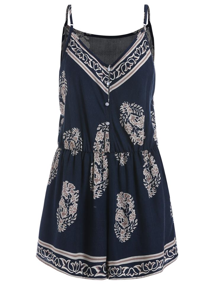 Romwe Spaghetti Strap Leaves Print Romper