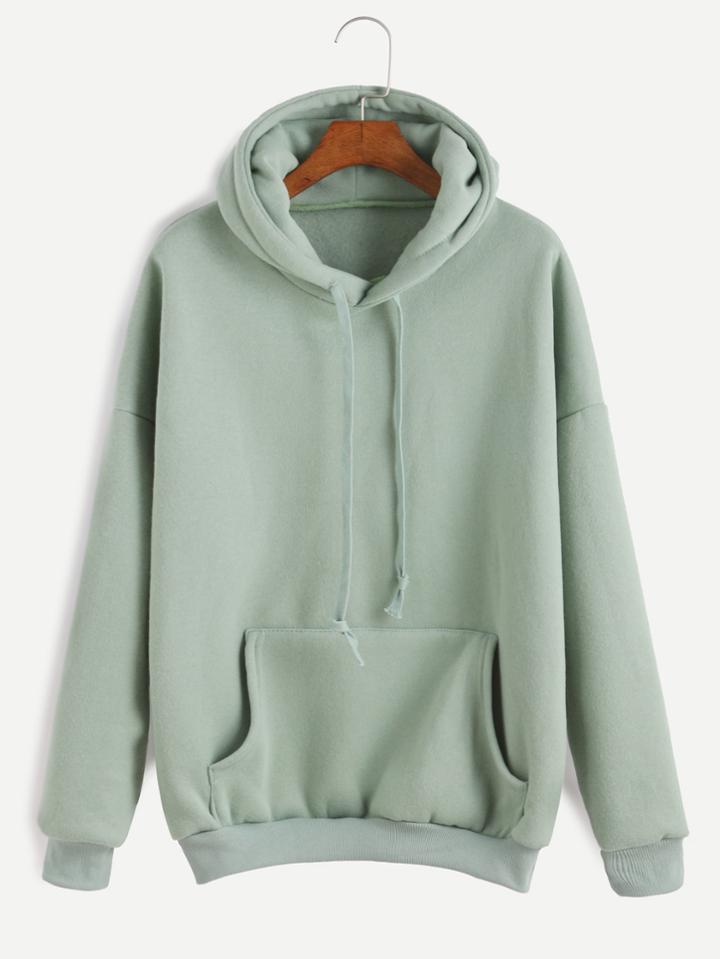 Romwe Pale Green Drop Shoulder Drawstring Hooded Pocket Sweatshirt